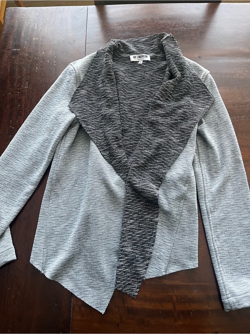Of Mercer Two-Tone Gray Open Front Draped Cardigan